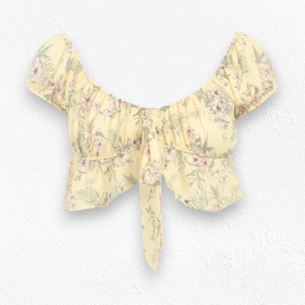 Almost Famous Lemon Yellow Floral Boho Peasant Front Tie Crop Top Size Large